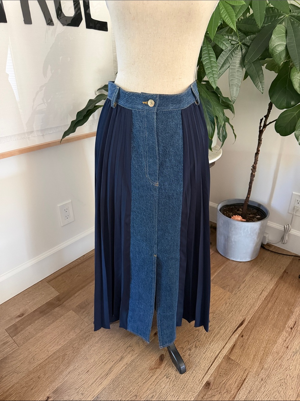 STAUD Julia Pleated Denim Panel Navy Midi Skirt